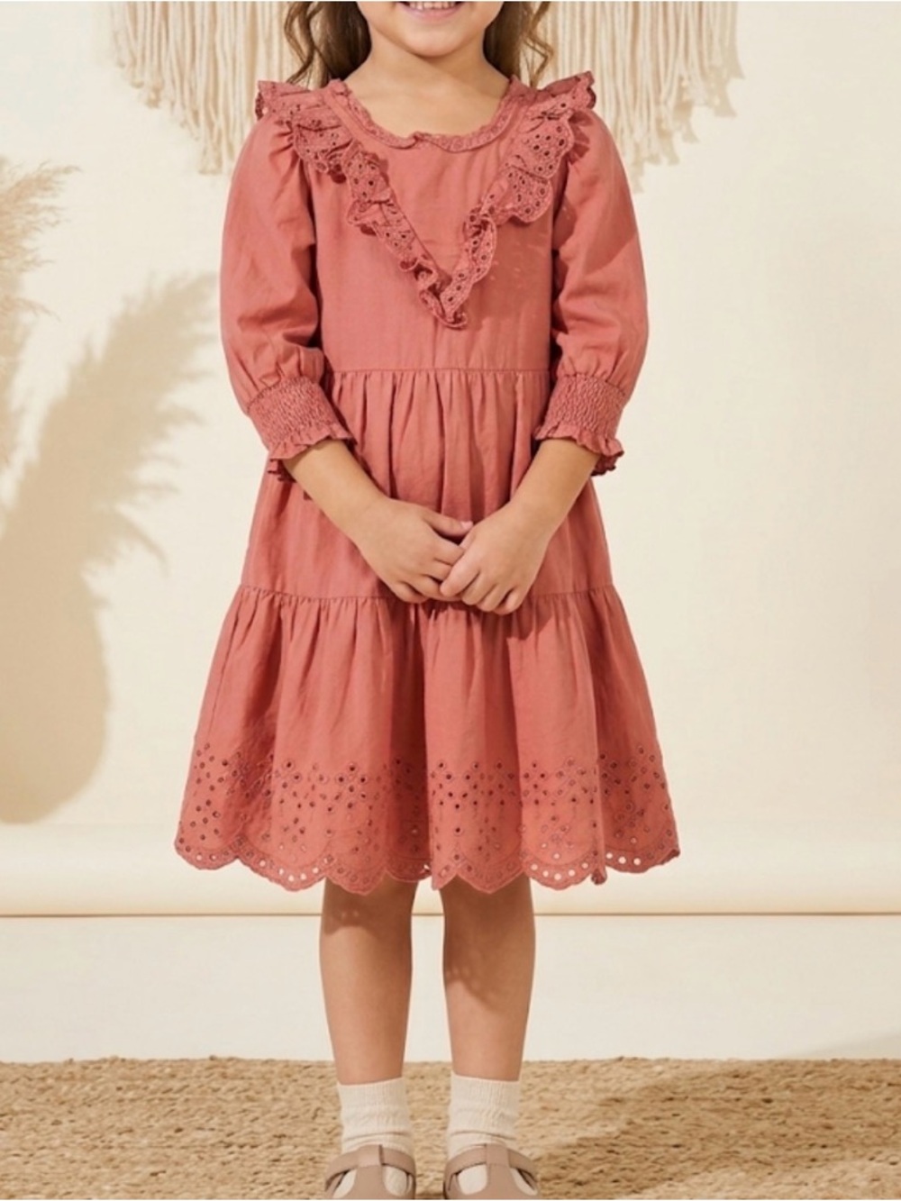 Cotton On Kids Eyelet Lace Ruffle Smocked Coral Pink Boho Dress Cottagecore 5
